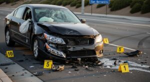 Car damage from hit-and-run accident with evidence markers in San Bernardino