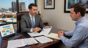 San Bernardino auto accident lawyer explaining accident claim process to a client