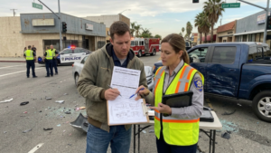 Driver reviewing insurance documents after uninsured motorist accident in San Bernardino