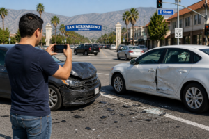 Driver taking photos of vehicle damage and road conditions after an accident