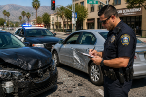 Police officer writing an accident report next to damaged vehicles