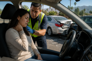 Driver receiving assistance after rear-end car accident in San Bernardino