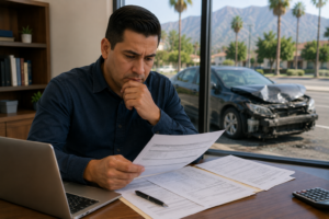 Insurance adjuster inspecting damaged vehicle after San Bernardino car accident