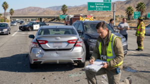 Severely damaged totaled car after an accident in San Bernardino